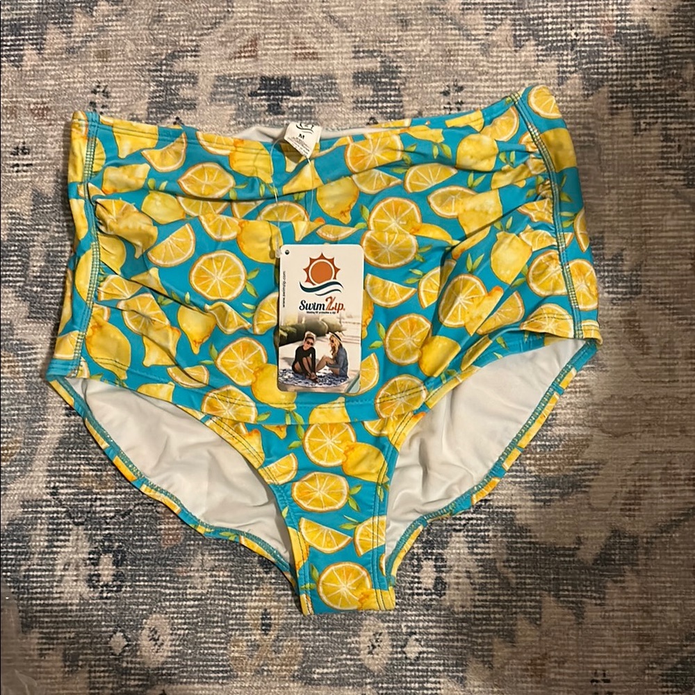 Swimzip High-Waist Lemon Print Bikini Bottom - Yellow/Blue
